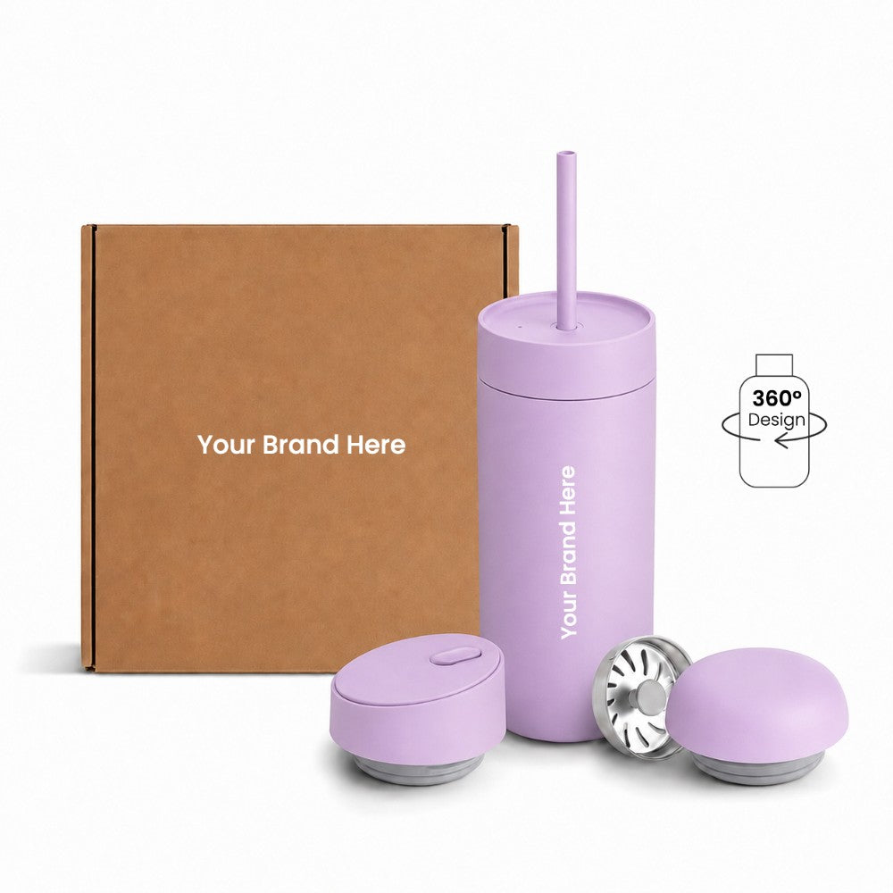 Just Bottle all day tumbler 3 in 1 gift set with custom logo branding in purple colour, front view with packaging behind on a white background and 360 wrap print icon