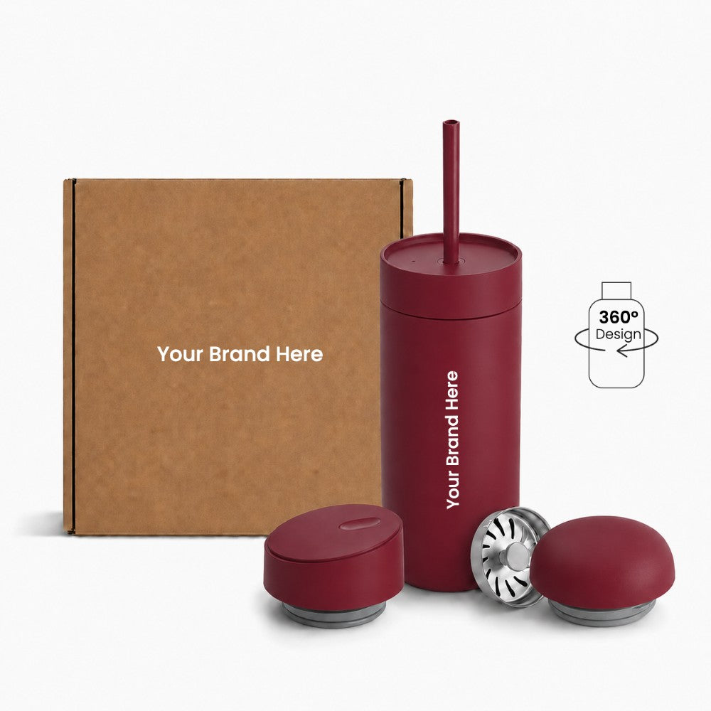 Just Bottle all day tumbler 3 in 1 gift set with custom logo branding in dark red colour, front view with packaging behind on a white background and 360 wrap print icon