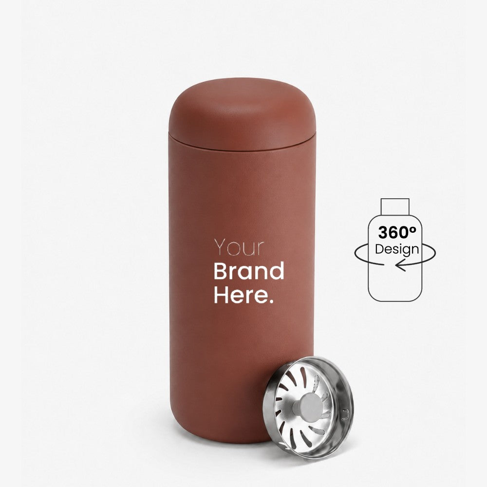 A matte brown custom logo leakproof tumbler with a matching lid, shown on a white background with a silver metal splash guard filter resting at its base. A graphic overlay on the right indicates '360° Design' is available