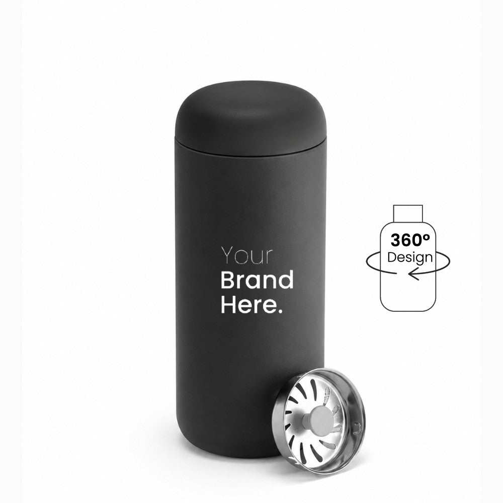 A matte black custom logo leakproof tumbler with a matching lid, shown on a white background with a silver metal splash guard filter resting at its base. A graphic overlay on the right indicates '360° Design' is available