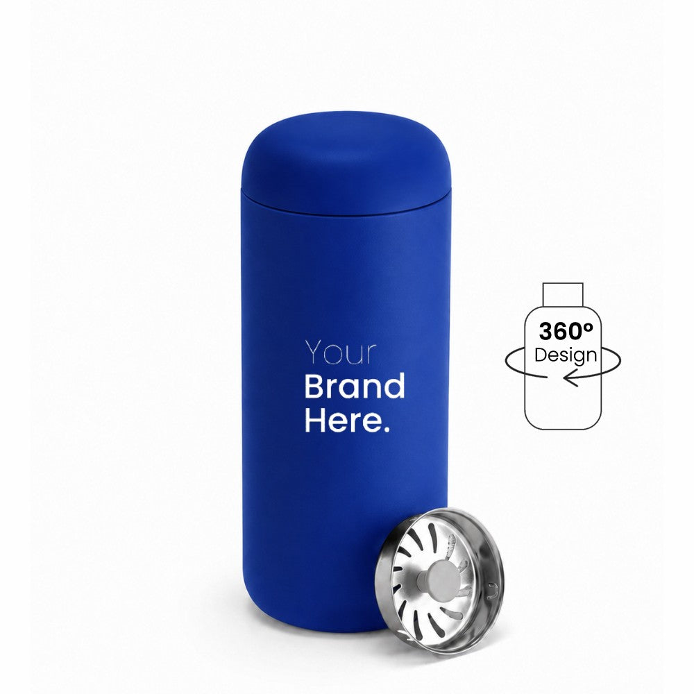 A blue custom logo leakproof tumbler with a matching lid, shown on a white background with a silver metal splash guard filter resting at its base. A graphic overlay on the right indicates '360° Design' is available