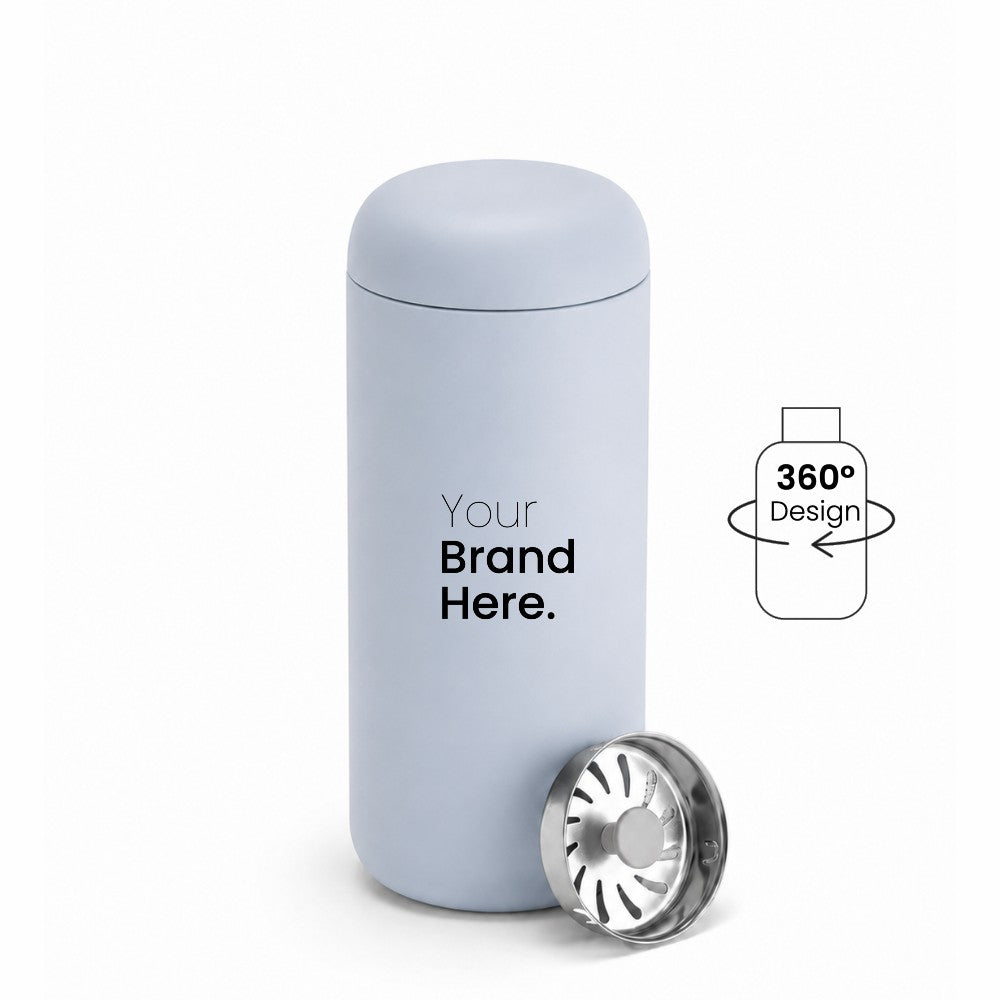 A light grey custom logo leakproof tumbler with a matching lid, shown on a white background with a silver metal splash guard filter resting at its base. A graphic overlay on the right indicates '360° Design' is available