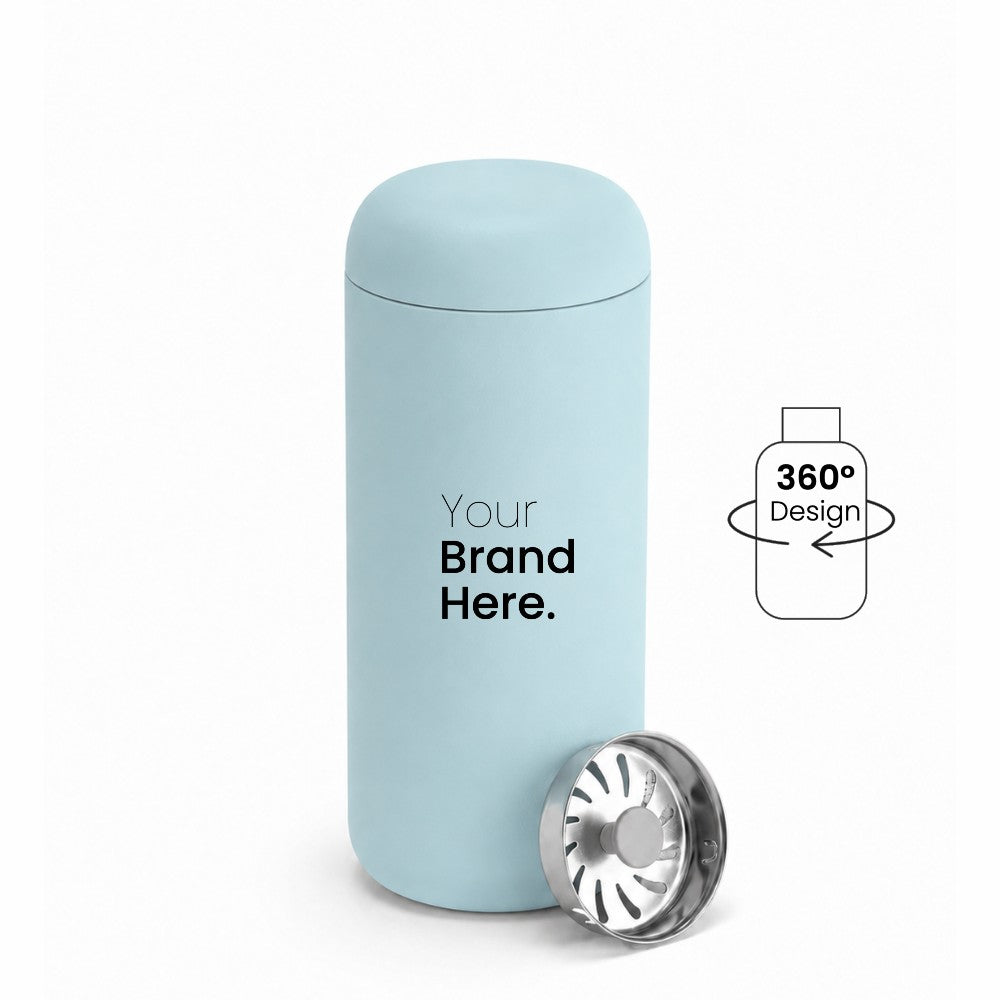 A aqua blue custom logo leakproof tumbler with a matching lid, shown on a white background with a silver metal splash guard filter resting at its base. A graphic overlay on the right indicates '360° Design' is available
