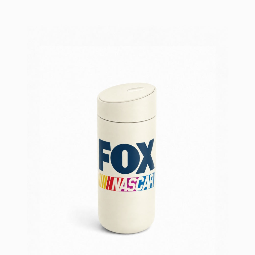 Off white custom logo stainless steel travel tumbler with FOX branding, front view on a white background