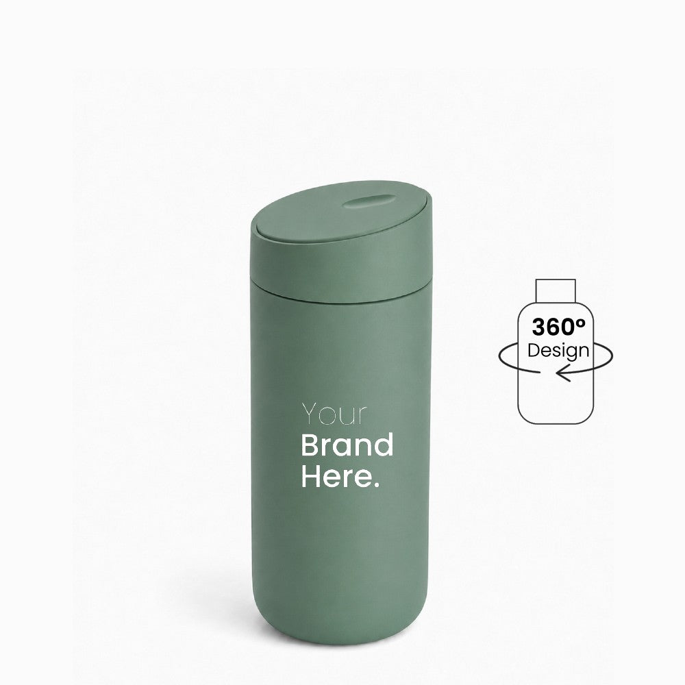 Green custom logo stainless steel travel tumbler with "your brand here", front view on a white background