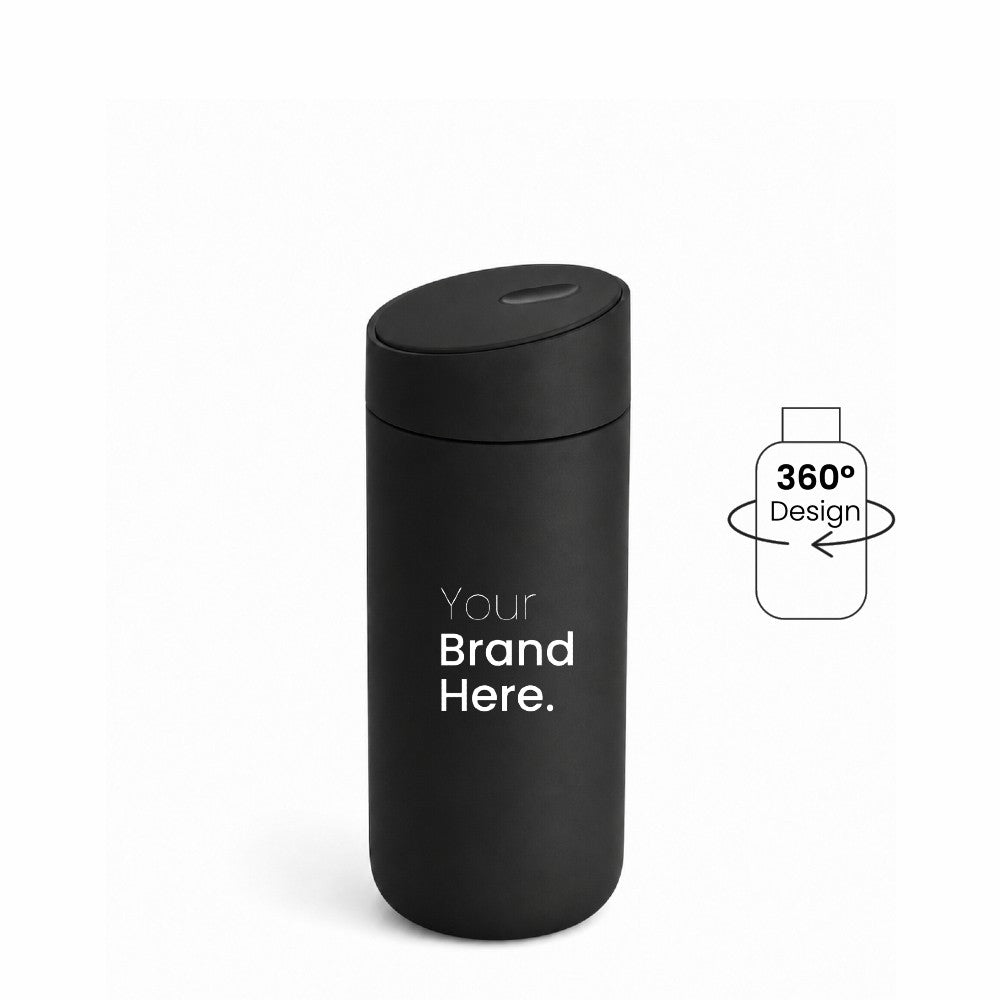 Black custom logo stainless steel travel tumbler with "your brand here", front view on a white background