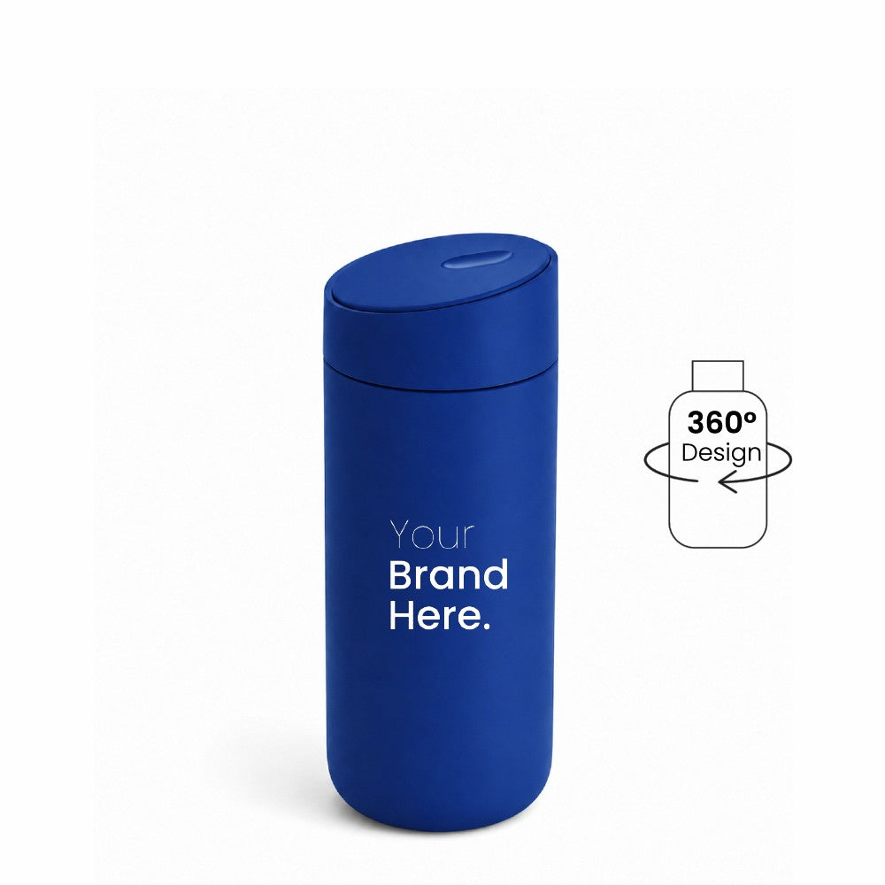 Blue custom logo stainless steel travel tumbler with "your brand here", front view on a white background