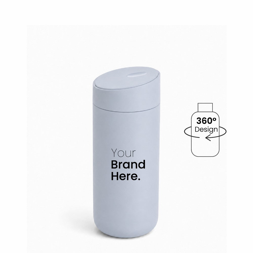 Light grey custom logo stainless steel travel tumbler with "your brand here", front view on a white background