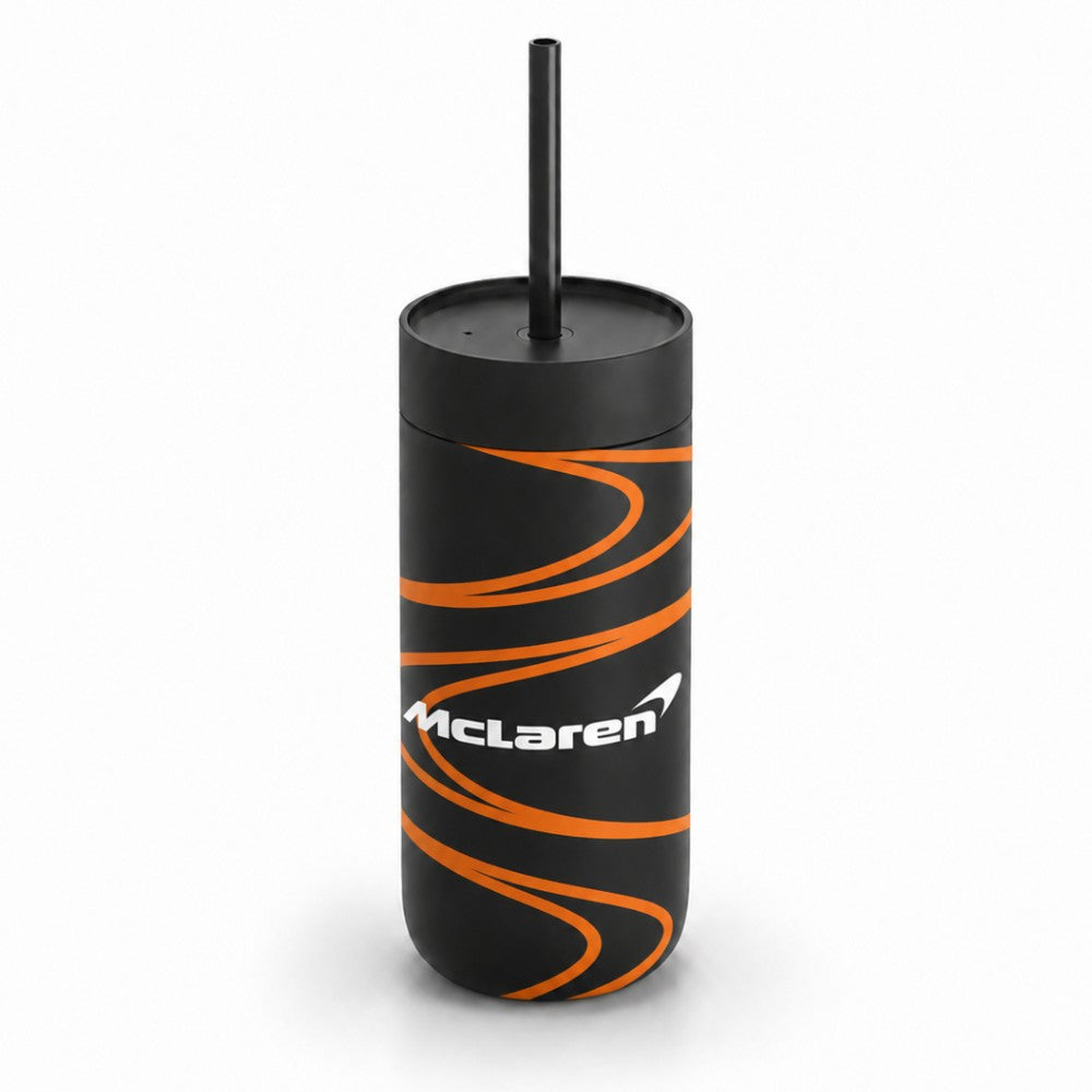 500ml 16oz Custom logo stainless steel tumbler with straw, Mclaren branding on a white background