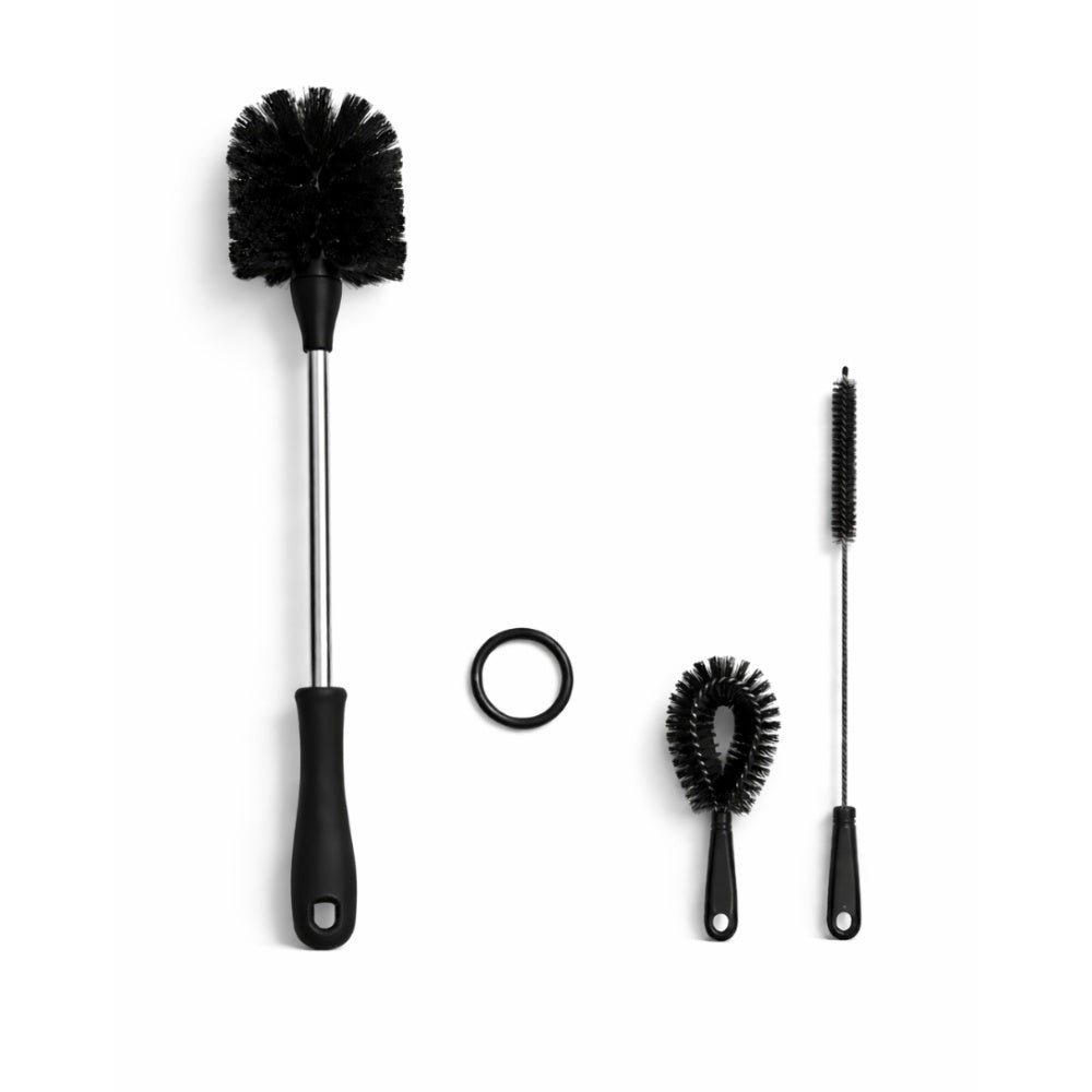 Set of black cleaning brushes for water bottles and coffee cups with various sizes on a white background