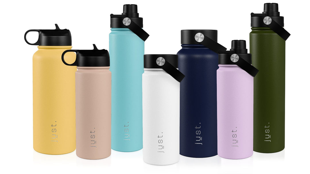 seven steel custom branded water bottles in a group on a white background