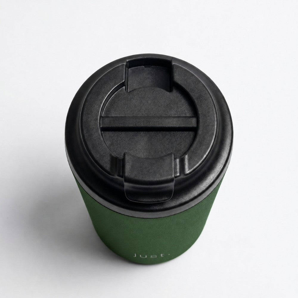 350ml (12oz) leakproof stainless steel coffee cup in dark green, top down view with lid closed - Just Bottle Brew Cup