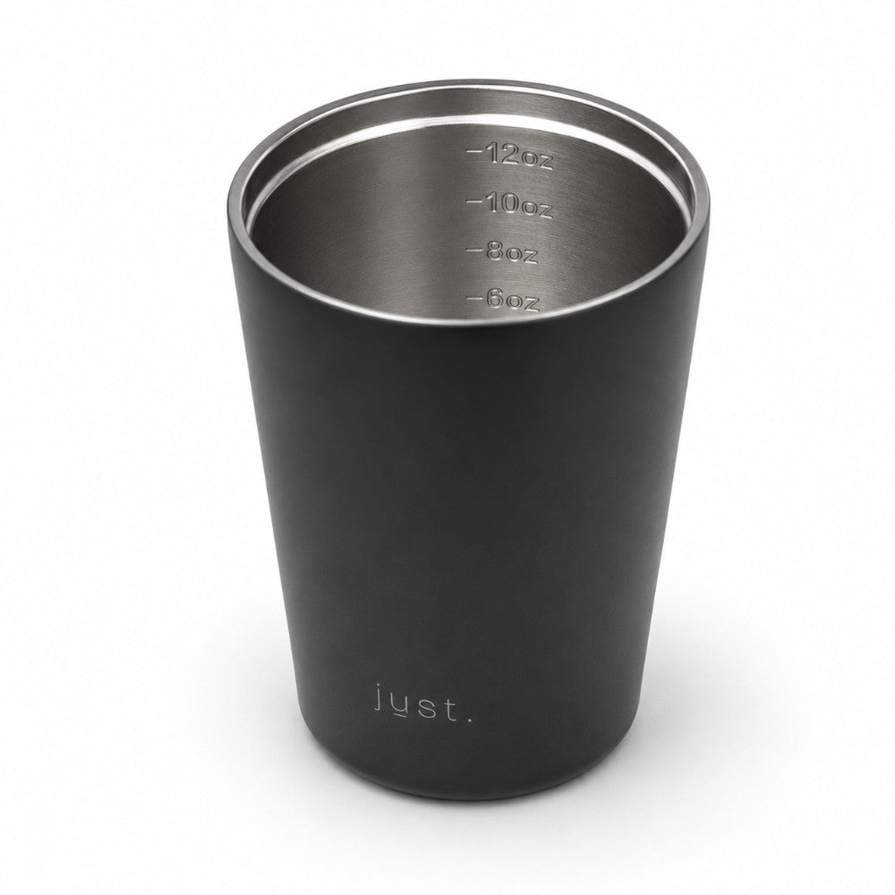 350ml (12oz) leakproof stainless steel coffee cup in black, lid off showing internal size markings - Just Bottle Brew Cup