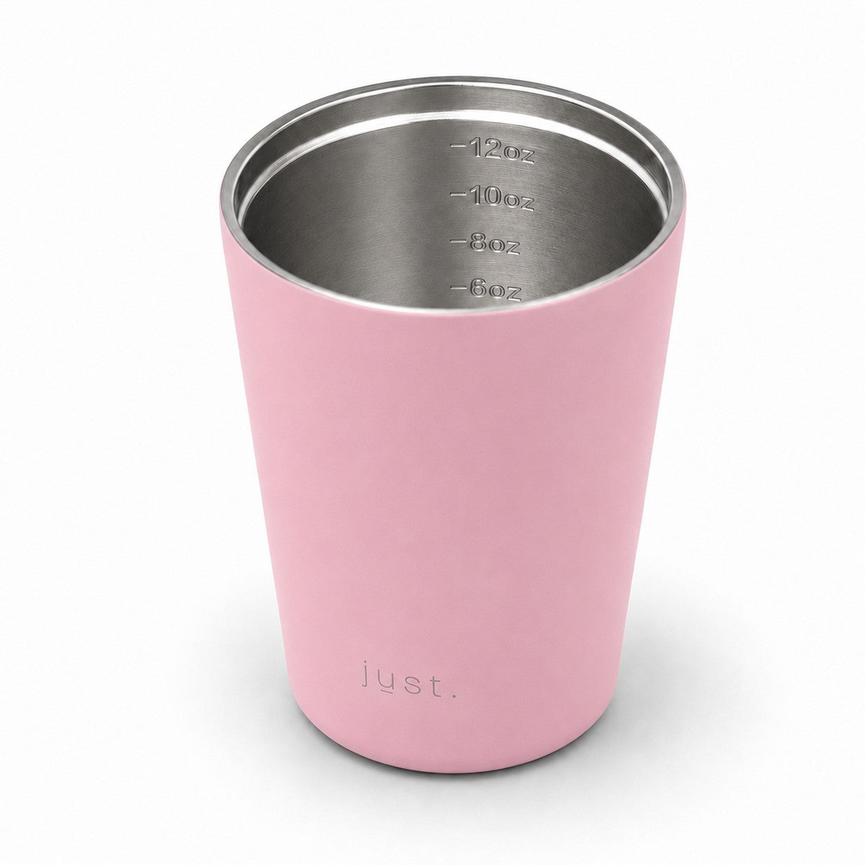 350ml (12oz) leakproof stainless steel coffee cup in pink, lid off showing internal size markings - Just Bottle Brew Cup