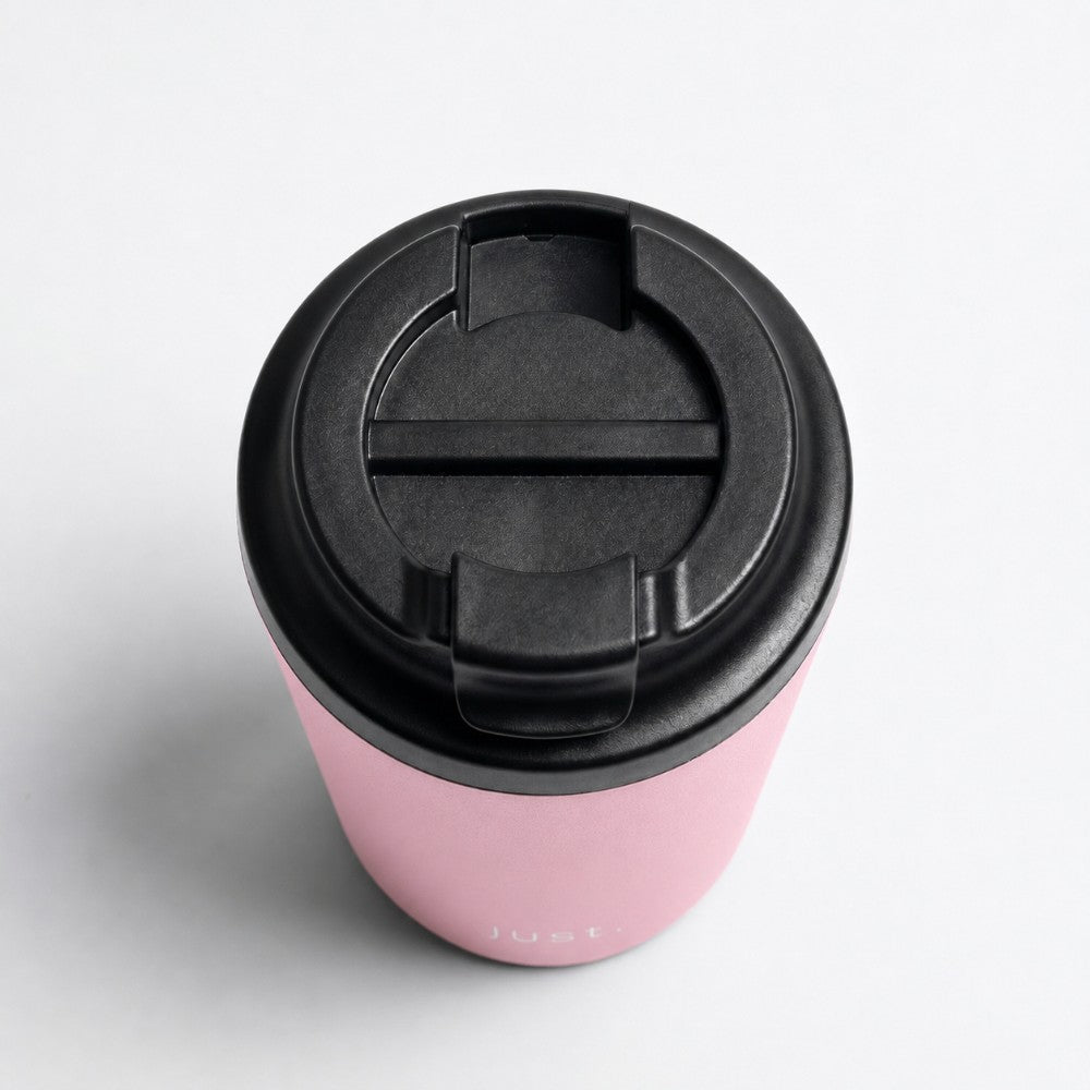 350ml (12oz) leakproof stainless steel coffee cup in pink, top down view with lid closed - Just Bottle Brew Cup