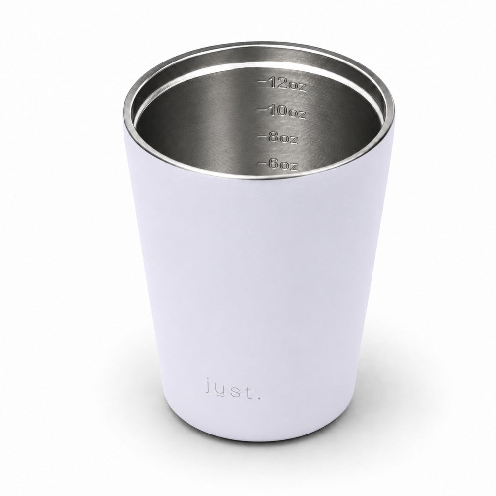 350ml (12oz) leakproof stainless steel coffee cup in white, lid off showing internal size markings - Just Bottle Brew Cup