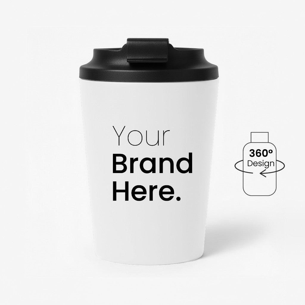 White 350ml 12 oz custom reusable coffee mug for corporate gifting with black lid