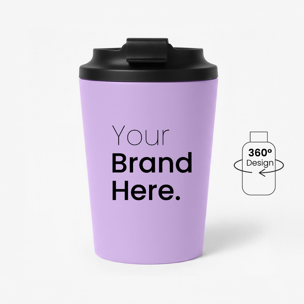 Purple 350ml 12 oz custom reusable coffee mug for corporate gifting with black lid