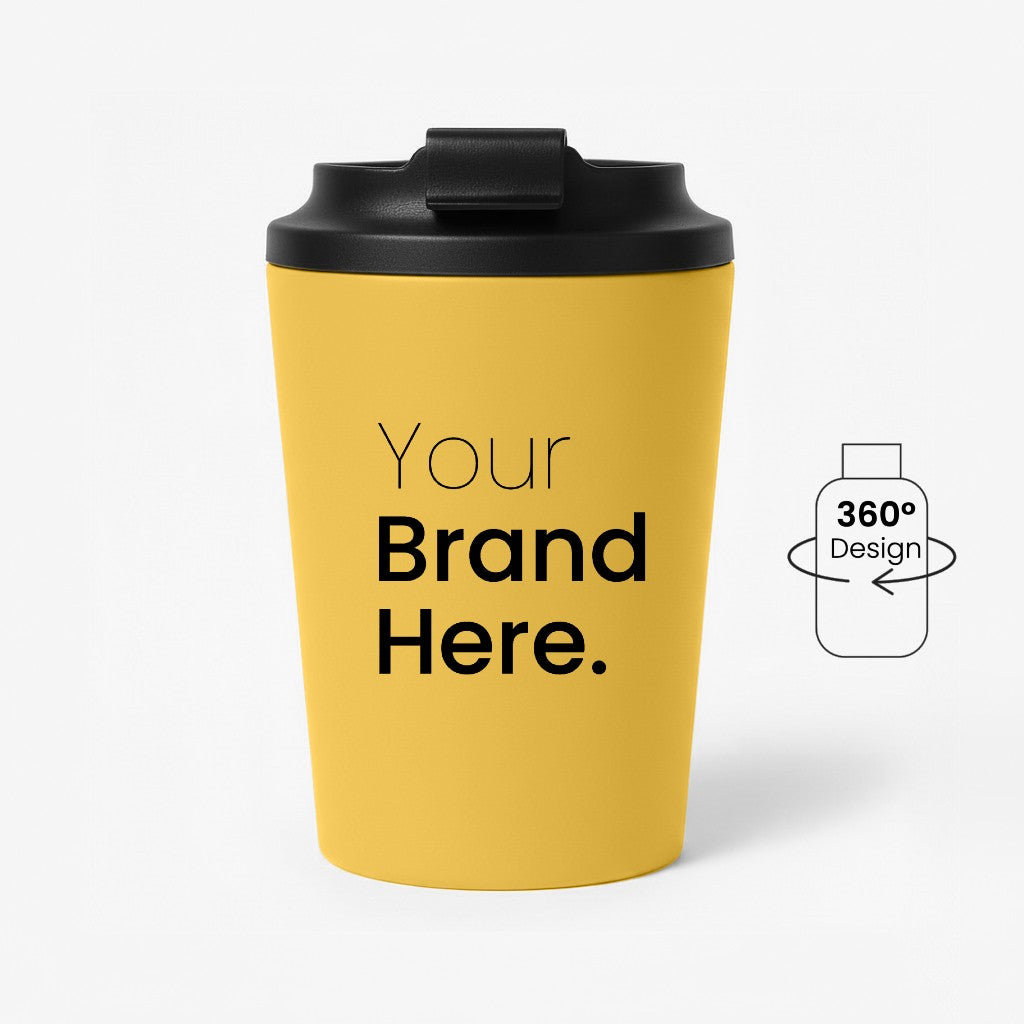 Yellow 350ml 12 oz custom reusable coffee mug for corporate gifting with black lid