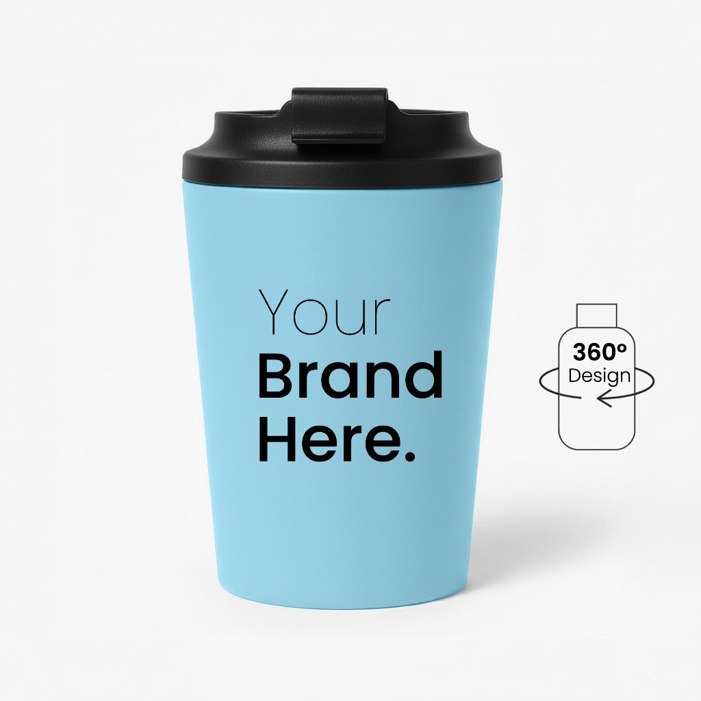 Blue 350ml 12 oz custom reusable coffee mug for corporate gifting with black lid