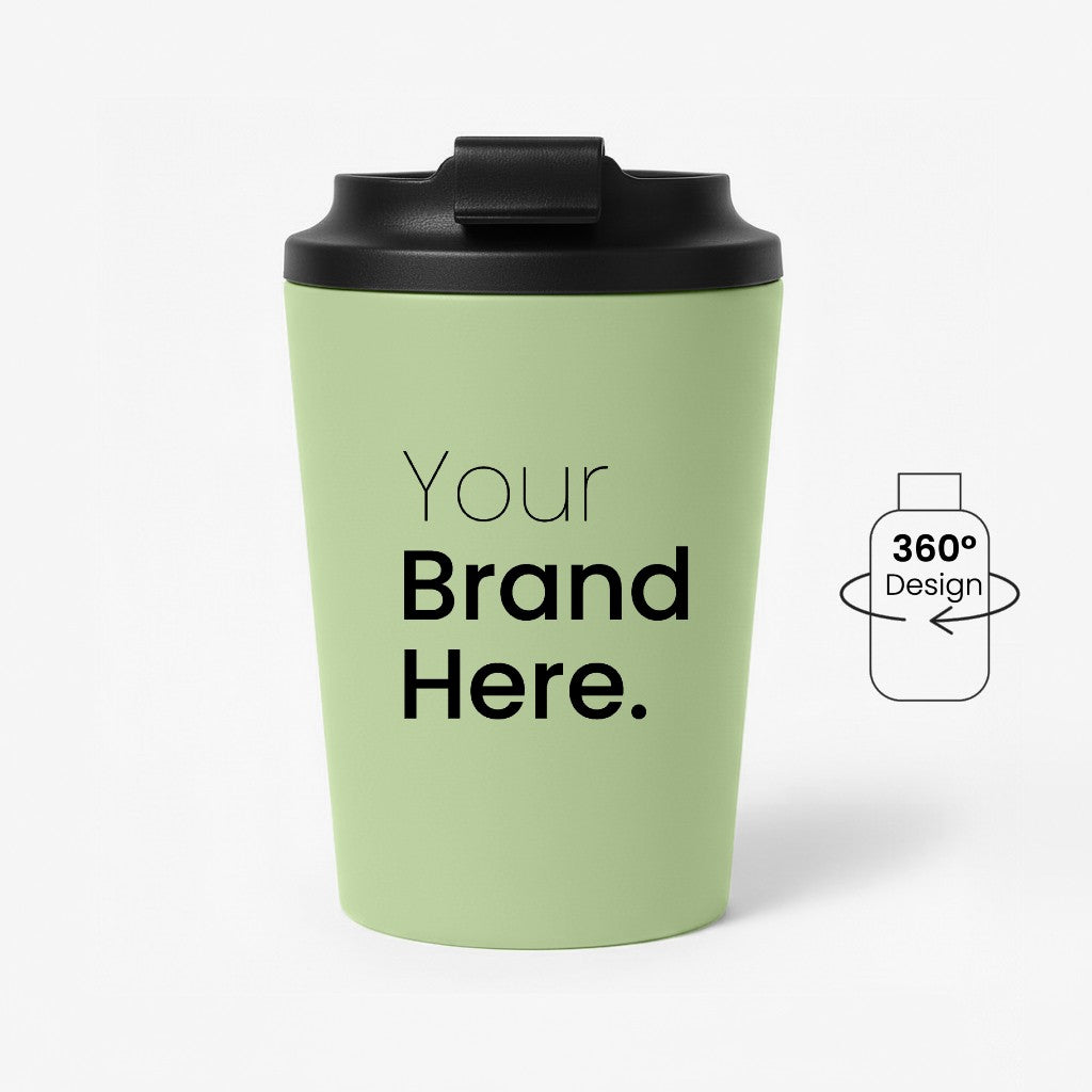 Green 350ml 12 oz custom reusable coffee mug for corporate gifting with black lid
