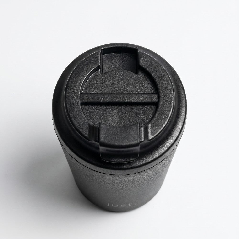 350ml (12oz) leakproof stainless steel coffee cup in black, top down view with lid closed - Just Bottle Brew Cup