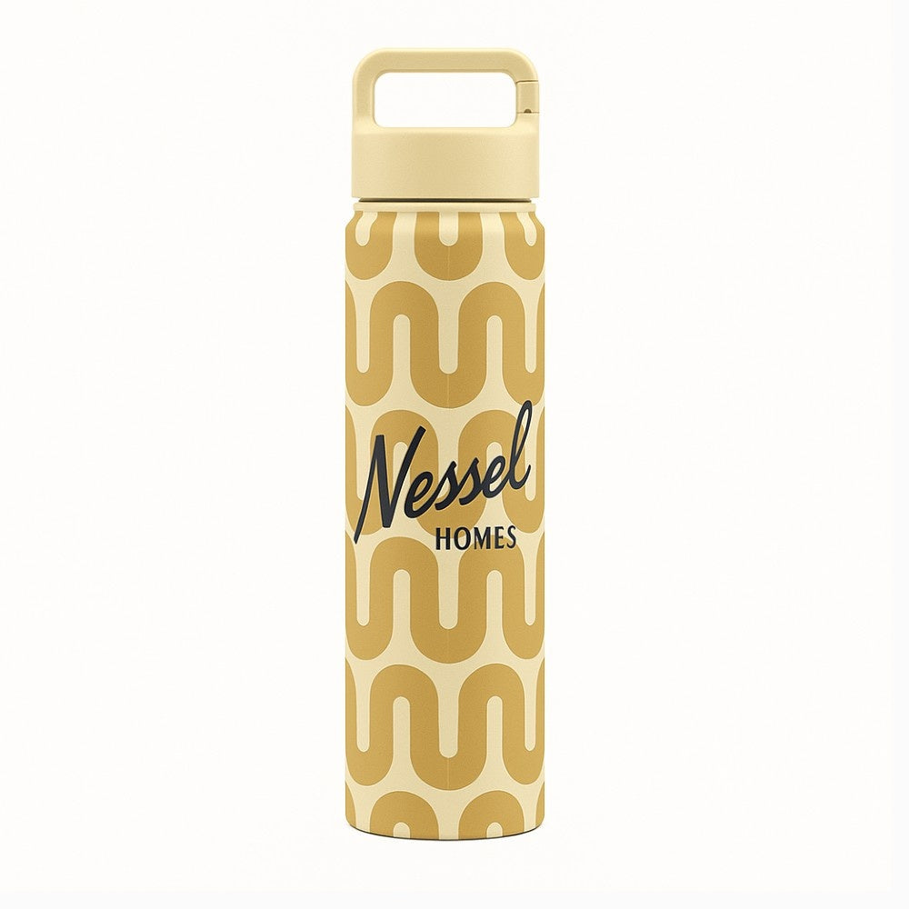 Gold water bottle with wavy pattern and 'Nessel Homes' text on a white background - Just Bottle Tall Clipper Bottle 750ml 25 oz
