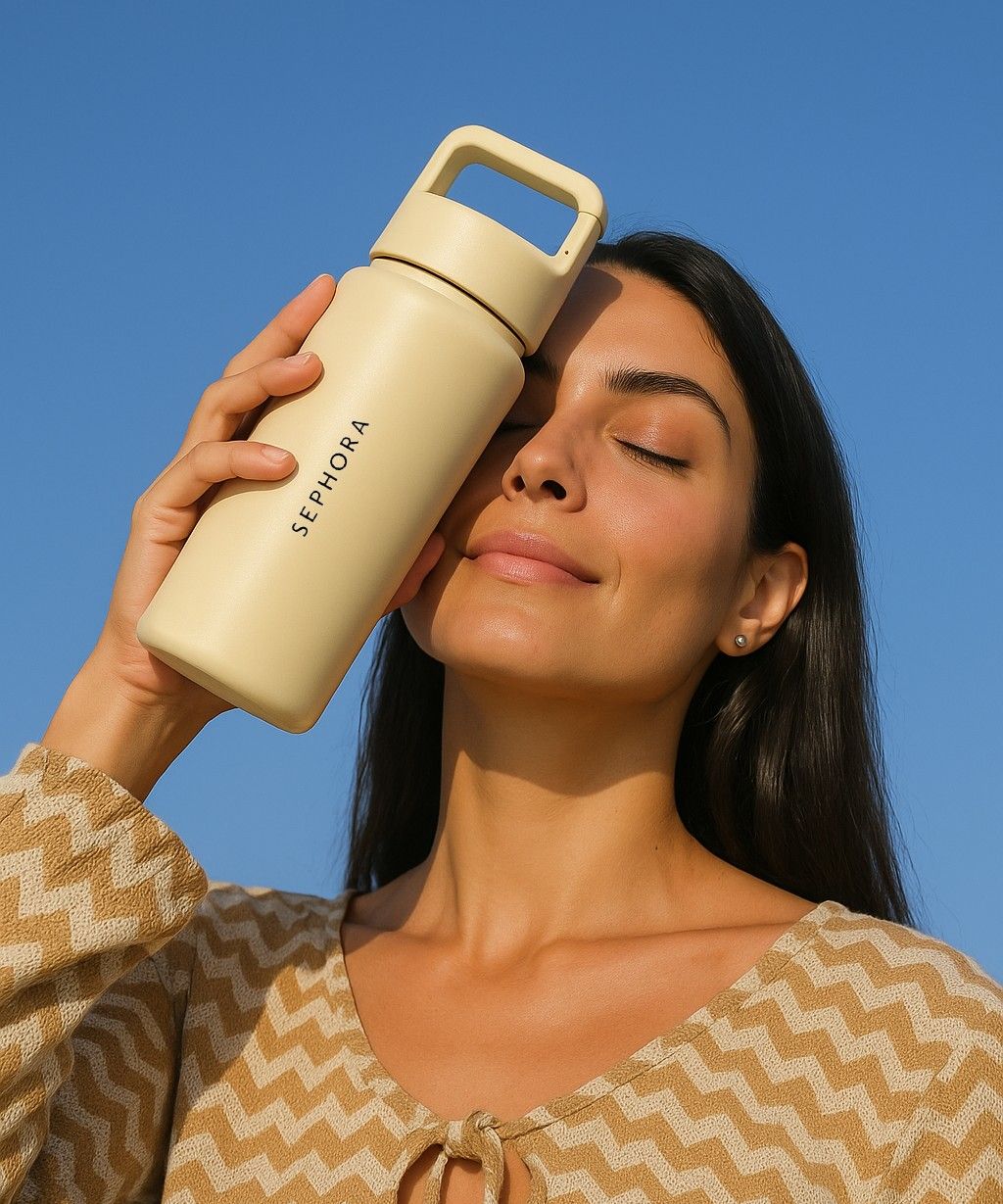Woman holding a Just Bottle Clipper beige water bottle with 'SEPHORA' branding against a clear blue sky.