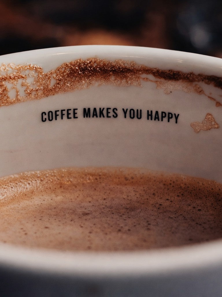 Close-up of a coffee cup with 'Coffee Makes You Happy' text on a blurred background