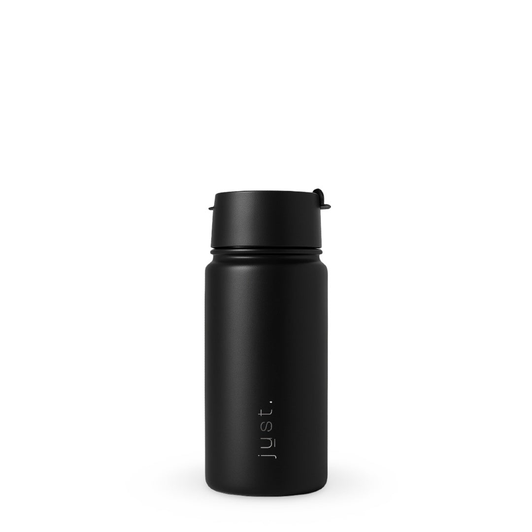 Insulated travel coffee mug in black, front view