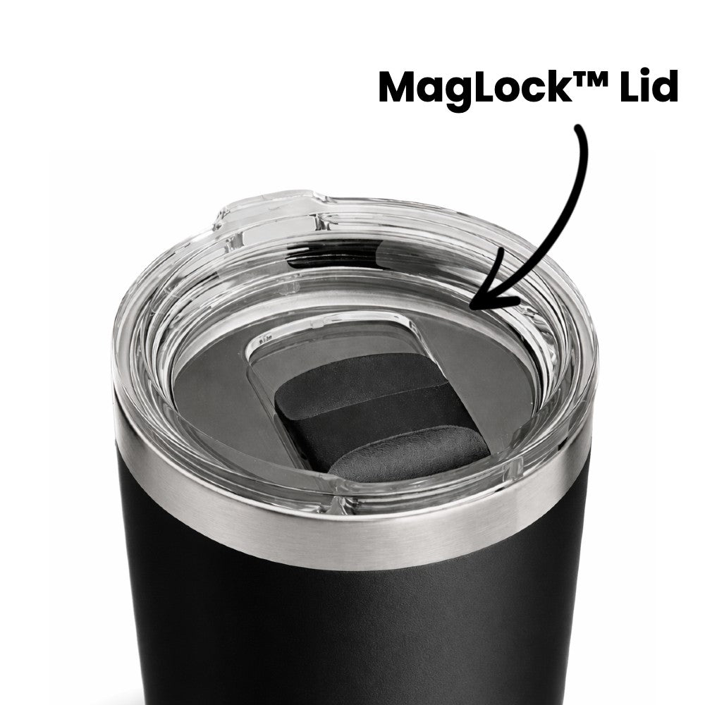 Black custom branded 20oz travel tumbler with MagLock lid on a white background