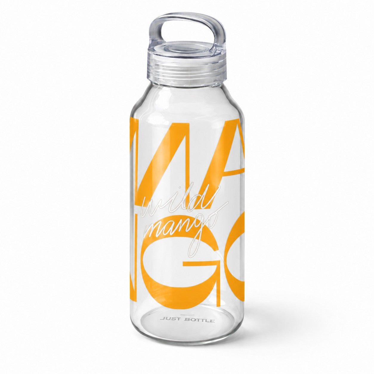 Glass water bottle merchandise with wrap around orange printing on a white background