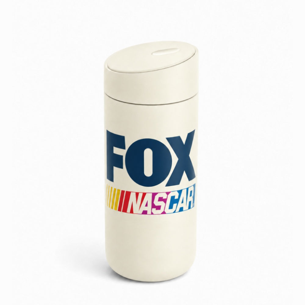 Off white custom logo stainless steel travel tumbler with FOX branding, front view on a white background