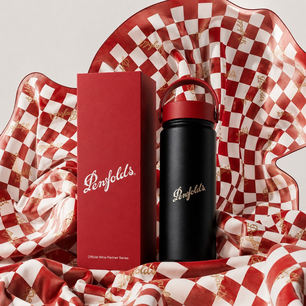 Penfolds custom branded stainless steel water bottle on a red and white sheet