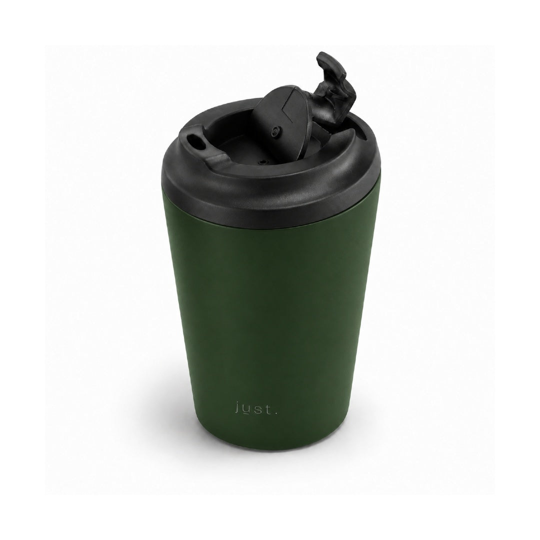 350ml (12oz) leakproof stainless steel coffee cup in dark green, side angle with lid open - Just Bottle Brew Cup