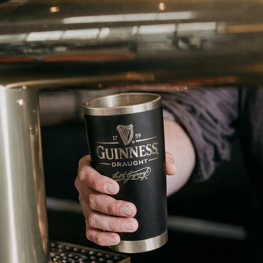 Stainless steel travel tumbler with custom Guinness logo 