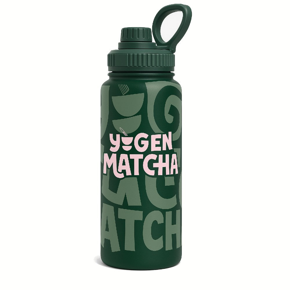 Green 1 litre water bottle with 'Yogen Matcha' custom branding on a white background