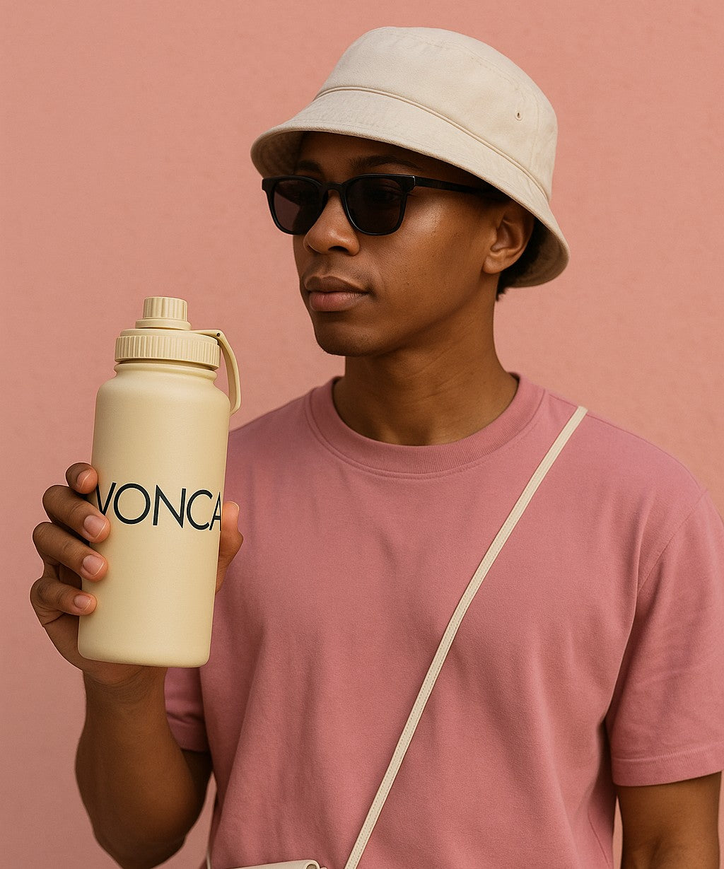man holding a large reusable water bottle with company logo
