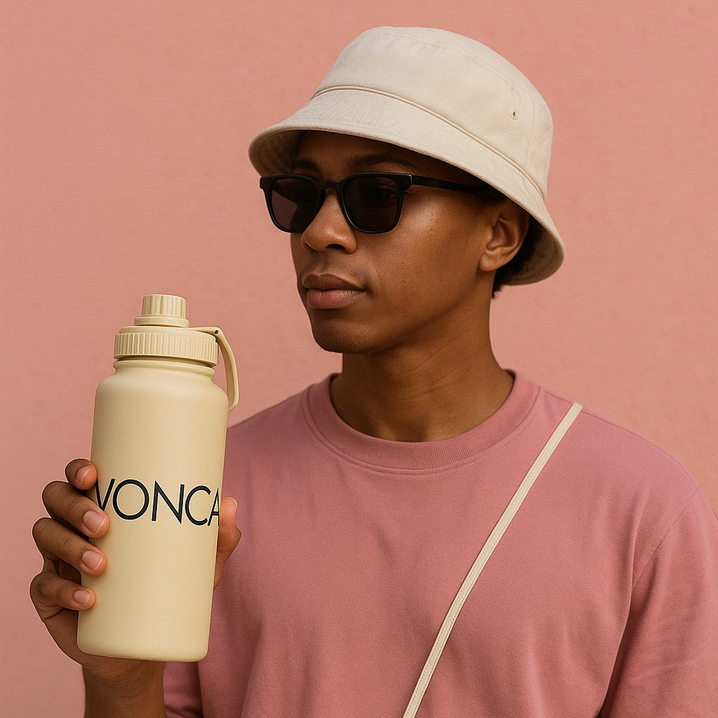 person holding a large reusable bottle with company logo
