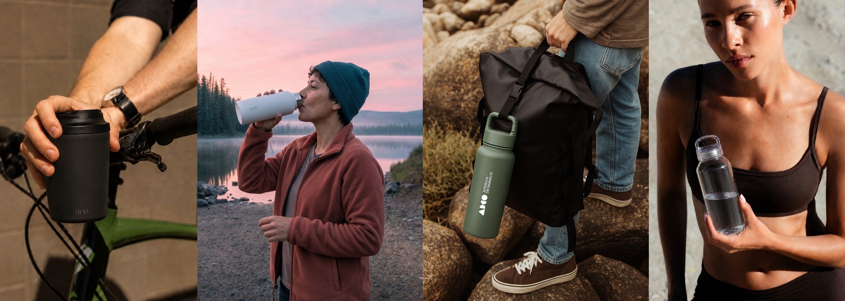 Collage of people using Just Bottle stainless steel water bottles, glass bottles and reusable coffee cups in various settings