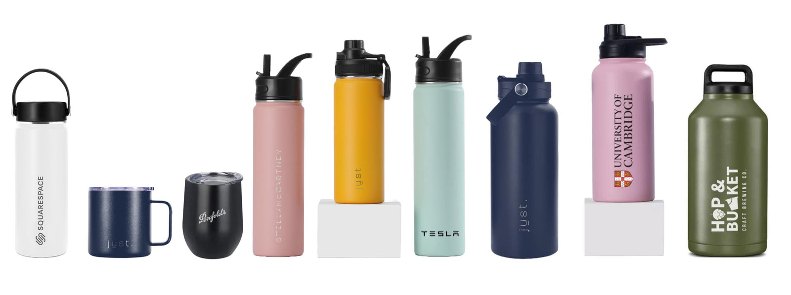 Just Bottle custom branded printed water bottles in a line