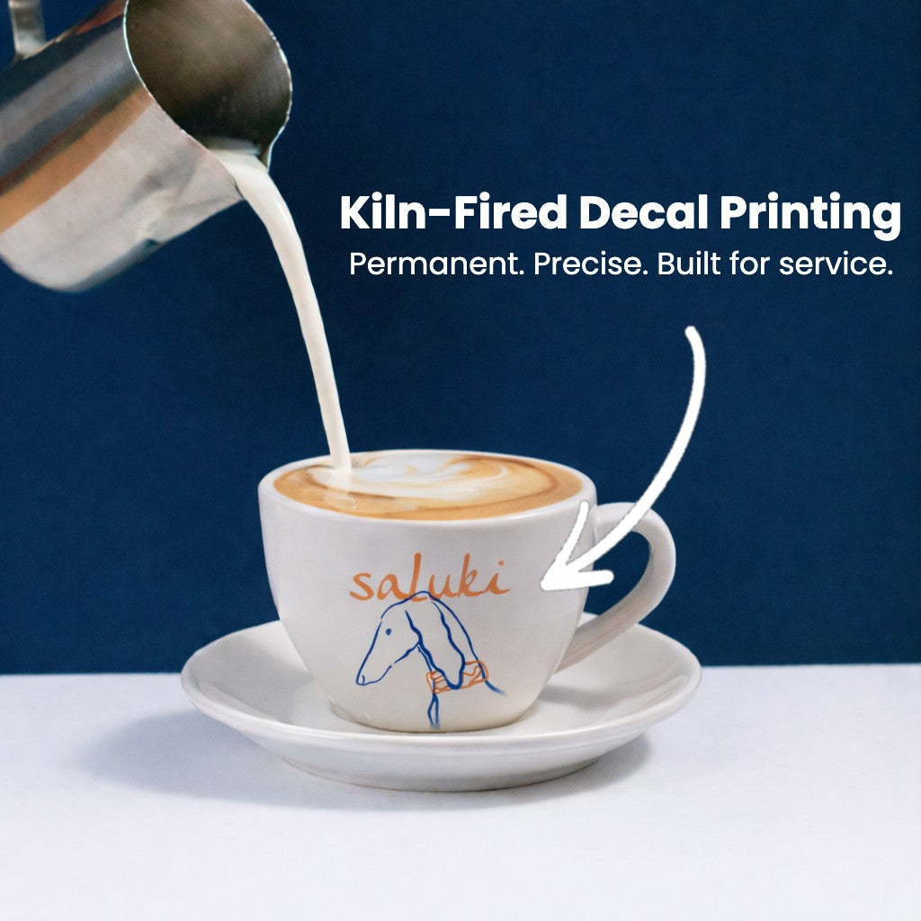 Ceramic coffee cup with kiln fired decal logo exampke