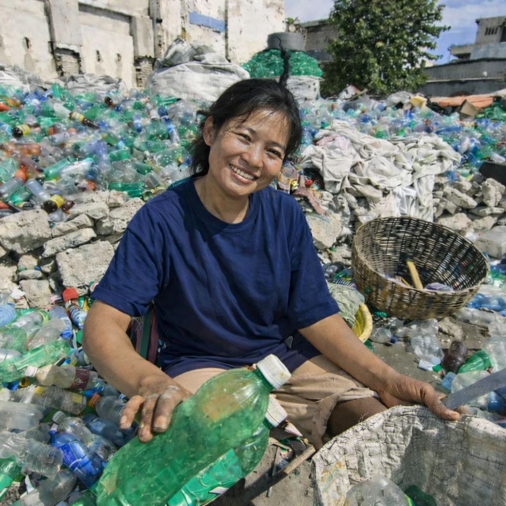 Woman sitting amidst a pile of plastic bottles and waste, holding a green bottle.