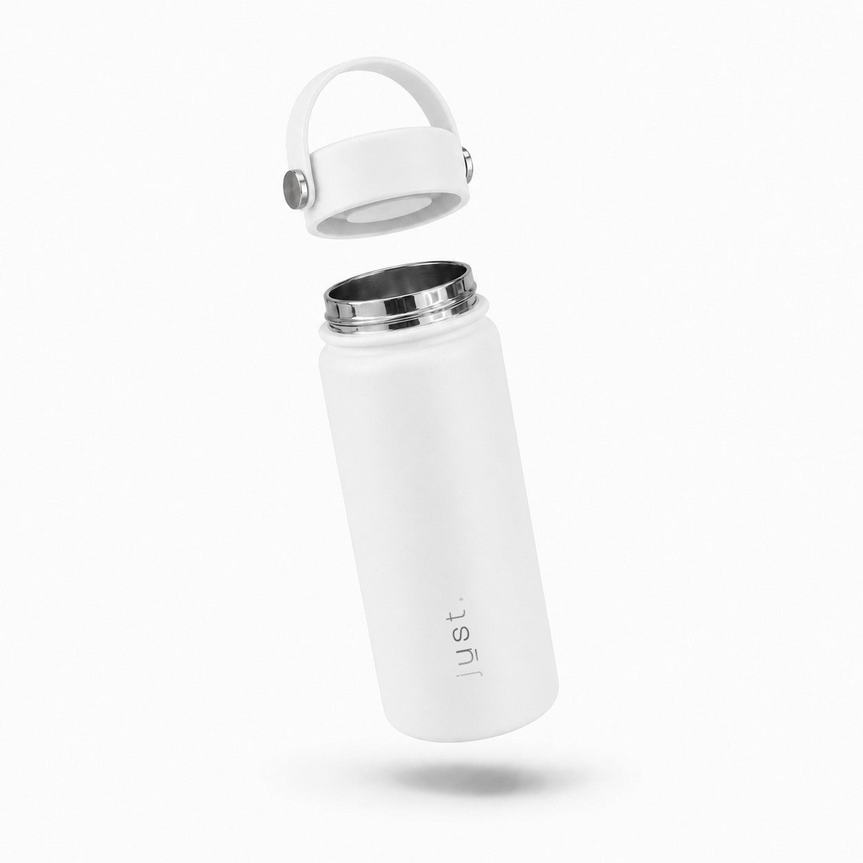 White 550ml stainless steel water bottle from Just Bottle with lid above the bottle