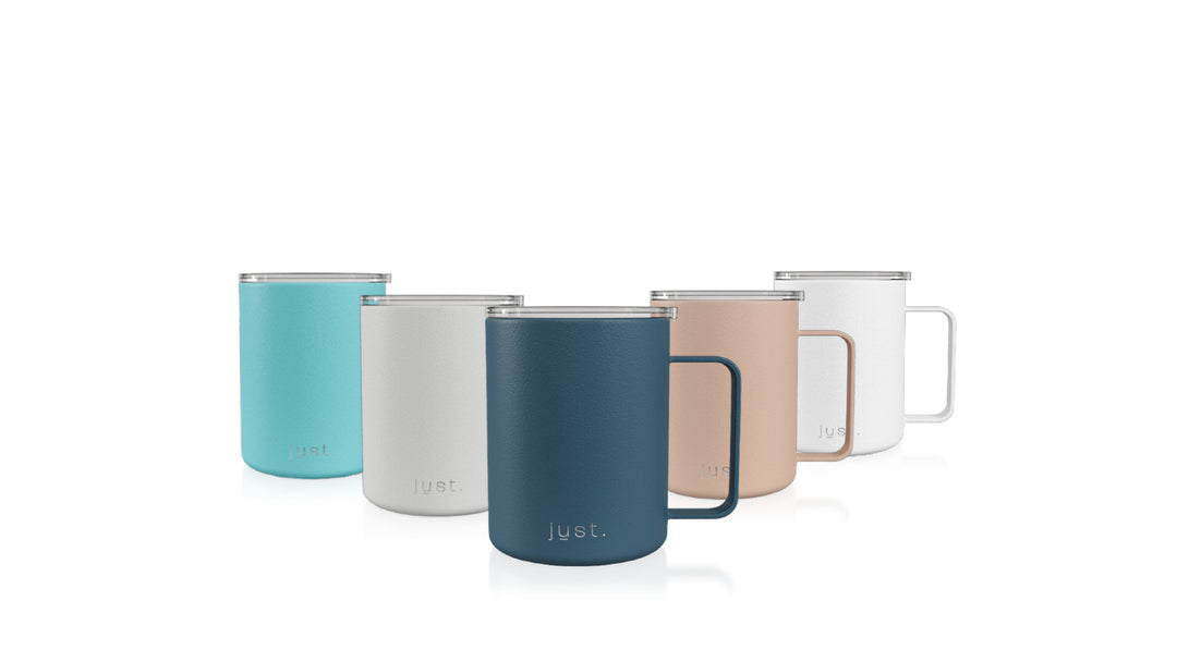 five stainless steel custom branded coffee mugs in a v shape