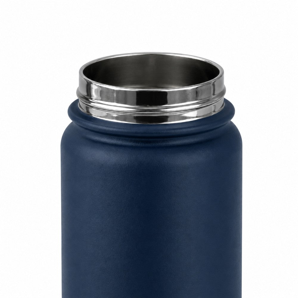 Close up of leakproof stainless steel water bottle neck in dark blue