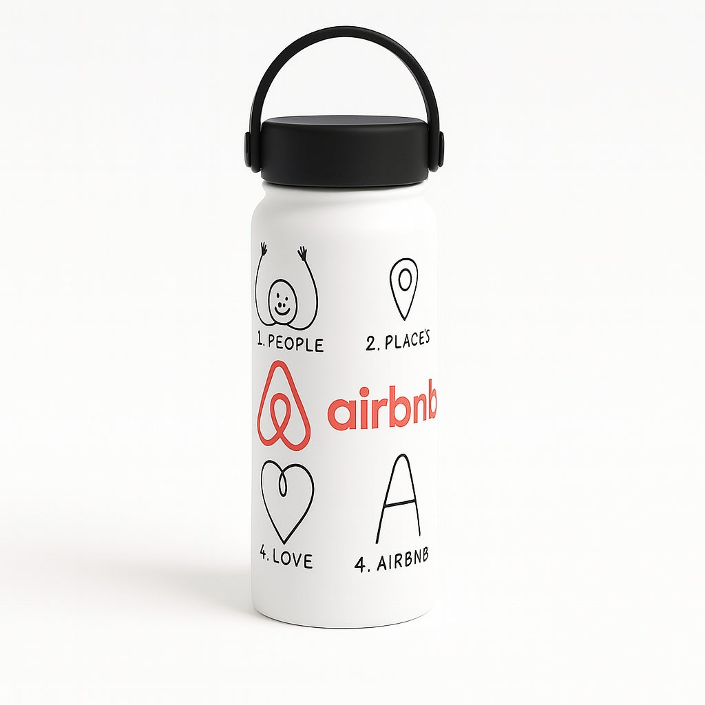 white reusable water bottle with wrap around company logo and a black lid on a plain background
