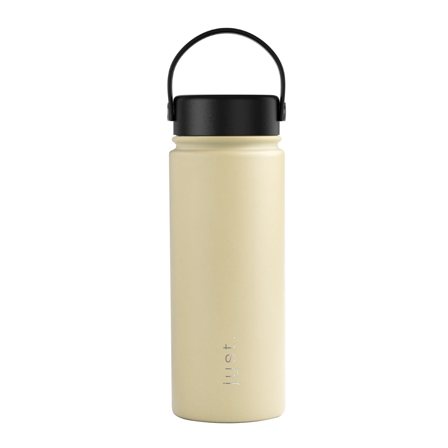 Beige water bottle with black lid on a white background