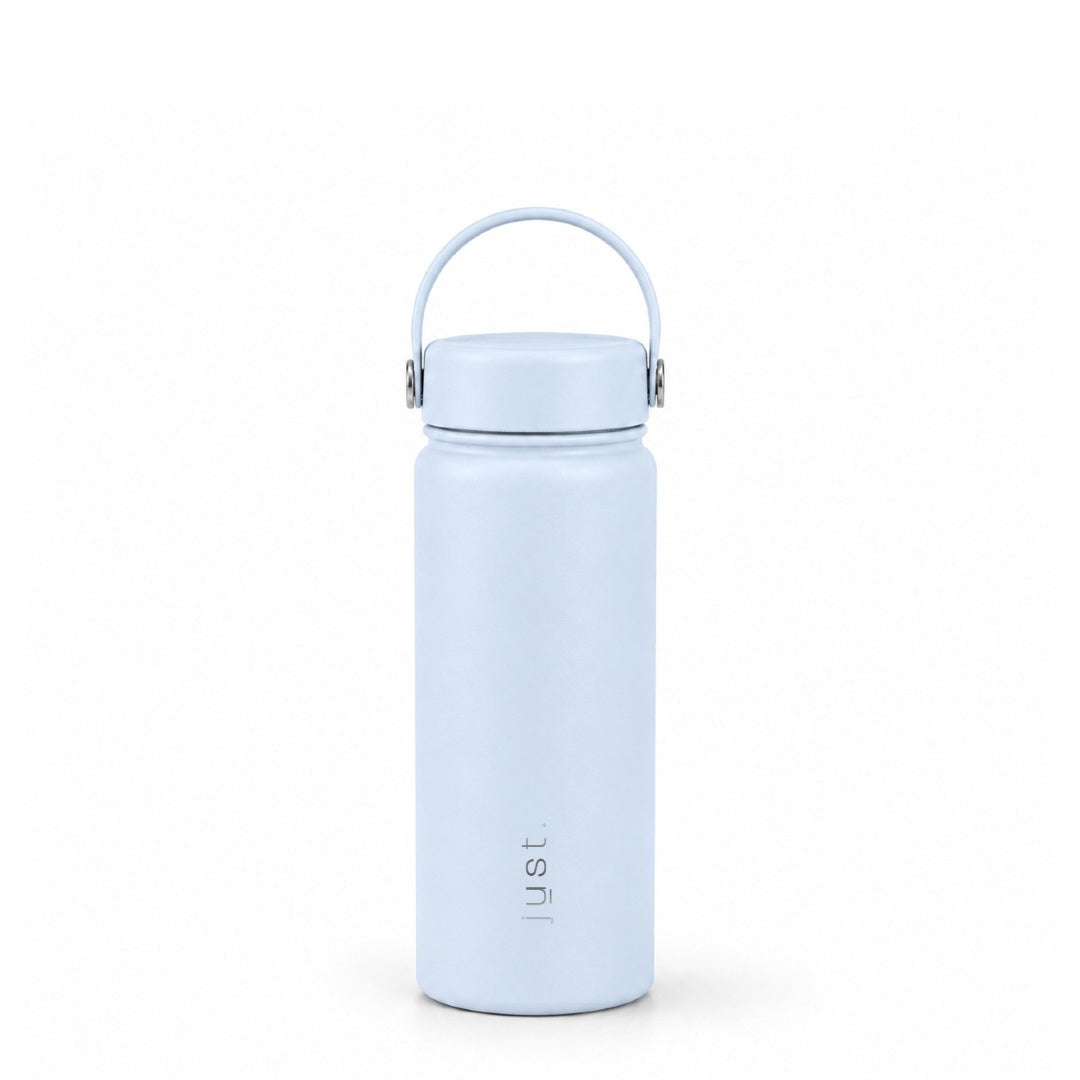 Light blue stainless steel water bottle from Just Bottle - 16oz size