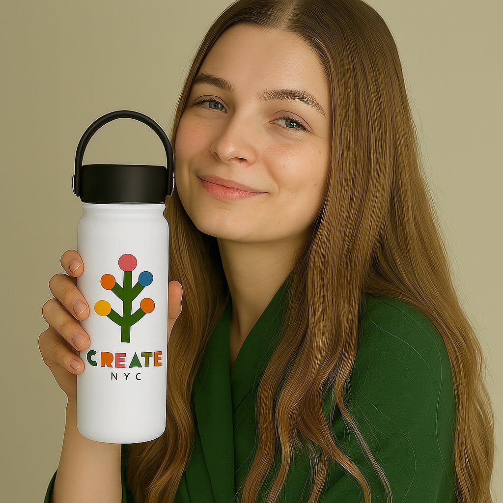 Woman holding a white water bottle with colorful design and 'CREATE NYC' text.